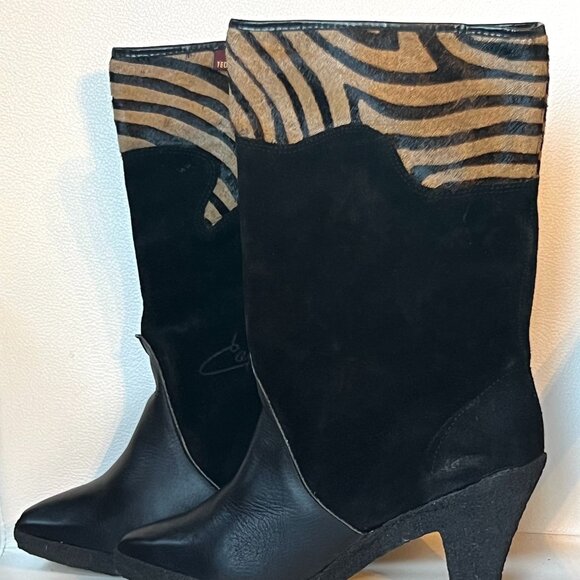 Vintage TED LAPIDUS Black & Tiger Print Leather & Suede Boots, Never Worn, 38/7 - Picture 4 of 10